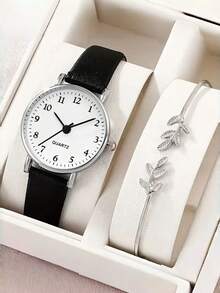 2 piezas Conjunto de reloj minimalista de moda para mujer (1 pieza) y conjunto de pulsera con diseño de rama (1 pieza), adecuado para vacaciones, fiestas, bodas, reuniones y uso diario, regalo perfecto para damas (sin caja incluida) - Multicolor - Ver 1