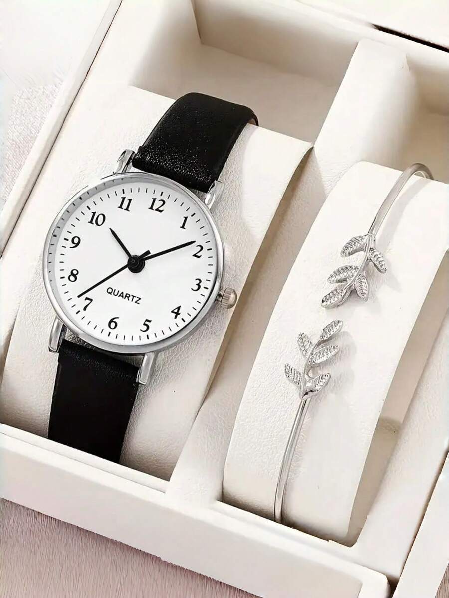 2 piezas Conjunto de reloj minimalista de moda para mujer (1 pieza) y conjunto de pulsera con diseño de rama (1 pieza), adecuado para vacaciones, fiestas, bodas, reuniones y uso diario, regalo perfecto para damas (sin caja incluida) - Multicolor - Ver 1