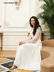 Elegant Apricot Sequin Embroidered Long Sleeve Shiny Dress With Chiffon Hem, Suitable For Weddings, Parties, Anniversaries - Apricot - View 6