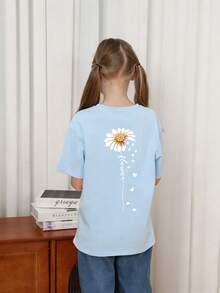 Tween Girls' Casual Graphic Print Crew Neck Short Sleeve T-Shirt, Summer Top - Baby Blue - View 2