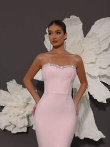 Handmade Rhinestone Embellished Bandage Strapless Mermaid Knit Dress, Luxury Sexy Fashion Fitted Dress For Family Gatherings, Parties, Banquets, Formal Occasions Party Wedding Spring - Baby Pink - View 3