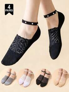 1/4 双装女士时尚低帮隐形袜，低帮隐形踝袜，珍珠镶嵌系带后跟，适合日常穿着 - 彩色 - 查看 1
