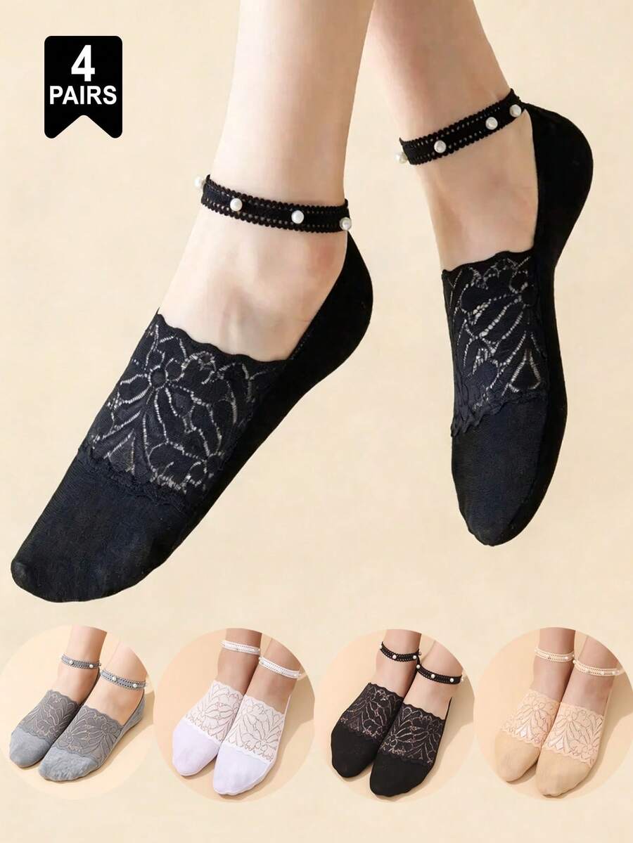 1/4 双装女士时尚低帮隐形袜，低帮隐形踝袜，珍珠镶嵌系带后跟，适合日常穿着 - 彩色 - 查看 1