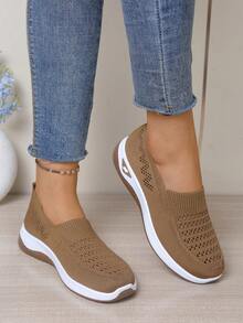 Van Skr 新款春夏针织网面女鞋，透气软底一脚蹬乐福鞋，轻便舒适休闲运动鞋 - 棕色 - 查看 6