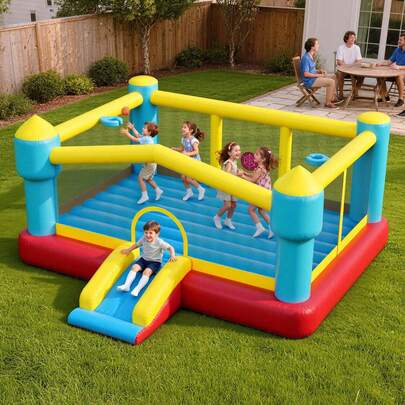 Casa de saltos inflable, castillo de saltos hinchable de 14.7 X 13.8 X 6.8 pies, saltador inflable para niños con tobogán, aro de baloncesto, juego de tiro al blanco y área de saltos, casa de saltos para 3-4 niños (edades 3-8)