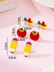 3 Pairs/Set Teacher's Day Apple & Pencil Enamel Faux Soft Pottery Earrings Set, Gift For Teachers And Students - Multicolor - View 4