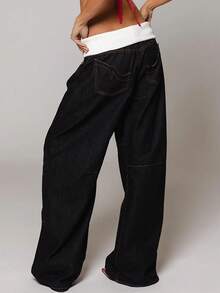 Women's Denim High-Waisted Baggy Wide-Leg Pants Y2K Vintage Contrast Stitching Jeans - 黑色 - 查看 2