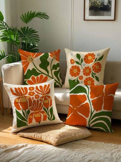 4pcs/1pc Bohemian Style Pillowcase - Designed With Orange Retro Abstract Floral Print Pattern, Suitable For Room Decoration, Living Room Decoration, Sofa And Bedroom Decoration. Pillow Cover | 18x18 Inches | Zipper Closure | Detachable And Washable | Skin Friendly Soft And Comfortable Fabric - Durable And Fade Resistant, Suitable For Home Decoration. Excluding Pillow Core.