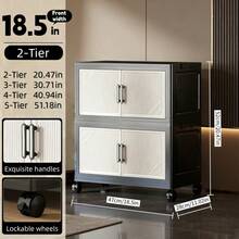 2/3/4/5-Tier Foldable Double Door Storage Cabinet With Wheels - Collapsible Stackable Plastic Storage Organizer For Bedroom, Kitchen, Office And Living Room, Portable Rolling Cabinet With Sturdy Construction, Space-Saving Black And White Design For Clothes, Books, Toys And Sundries - Xem 14