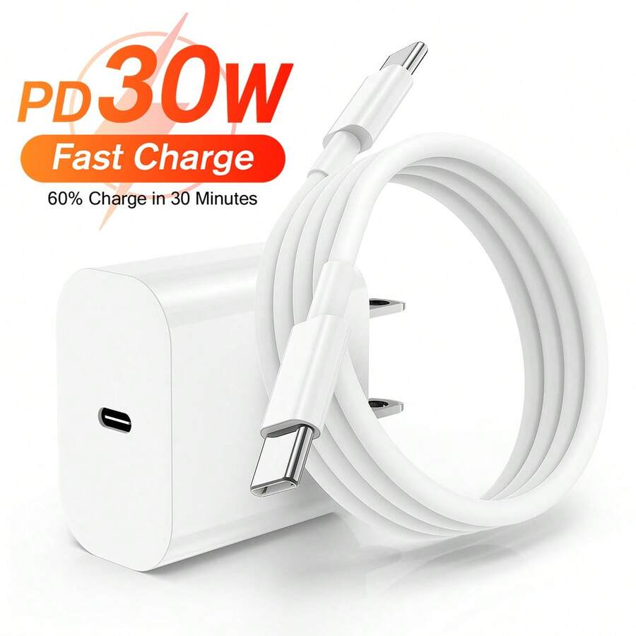 30W USB-C Fast Charging Adapter With 3.3FT/100cm Long Charging Cable Data Line USB-C To Type-C Charging Kit, Compatible With IPhone 18 17 16 15 Pro Max Plus, / Charging Kit - US A Type Plug(110-127V) - View 1