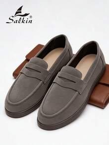Salkin Mocasines deslizantes de moda para hombres, zapatos casuales de ante sintético, suaves, cómodos, transpirables y duraderos, zapatos planos versátiles para trajes, estudiantes, graduación, negocios, fiestas, bodas, primavera/verano/otoño, tallas grandes, disponibles en varios colores. Nota: Corre pequeño, por favor pida una talla talla grande grande. Elegancia de dinero viejo otoñal - Gris - Ver 6