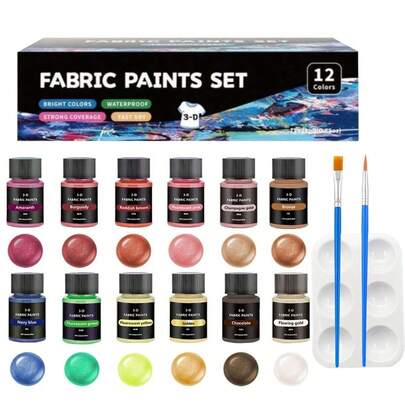 12-Color Fabric Set, Includes 2 Brushes And 1 Palette - 25ml (0.85oz) Fabric Paint, Suitable For Ts, T-Shirts, Shoes, Jeans, All Seasons, Perfect Holiday Gift, Craft Supplies, Vibrant Color Palette