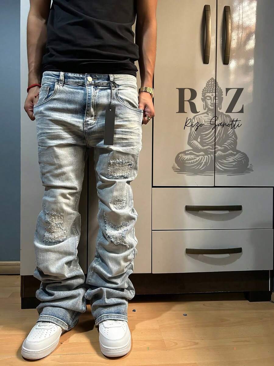 男士喇叭牛仔裤,修身破洞喇叭牛仔裤,Y2K 堆叠式牛仔裤,季节性服装 - 藍色 - 查看 1