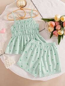 Setelan 2pcs Anak Perempuan Kasual Bergaris Motif Hati, Atasan Camisole dan Celana Pendek Pinggang Elastis, Musim Semi/Panas - Hijau - View 7