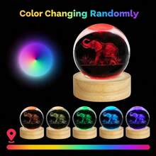 3D Laser Engraved Elephant Crystal Sphere Ornament With Wooden Base, Auto Multi-Color Glow Crystal Globe Table Decor, Wildlife Animal Keepsake Gift For Home Bedroom Desk Display, USB Powered, No Batteries Needed, Not Waterproof - Multicolor - View 2