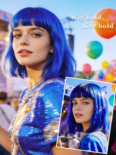 باروكة شعر بوبو بطول 12 بوصة باللون الأزرق - باروكة اصطناعية مقاومة للحرارة، يمكن تجعيدها وتقليمها. مع غرة، مناسبة لمهرجانات الموسيقى والحفلات والأزياء الأخرى