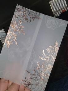 60 piezas Juego de tarjetas de invitación de 5x7 pulgadas con patrón de rosa dorada impreso y plegadas previamente - Sobres de invitación de papel transparente de 115 g/m² - Sobres de invitación de boda transparentes - Rectángulo - Ver 8