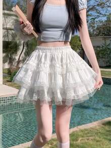 1pc Sweet & Cute Lace Cake Skirt, Casual Layered Ruffle Waist Skirt Suitable For All Seasons, Layering, Beach, Weekend Dates, Photography, Cosplay, Anime-Inspired Outfits - Multicolor - View 7