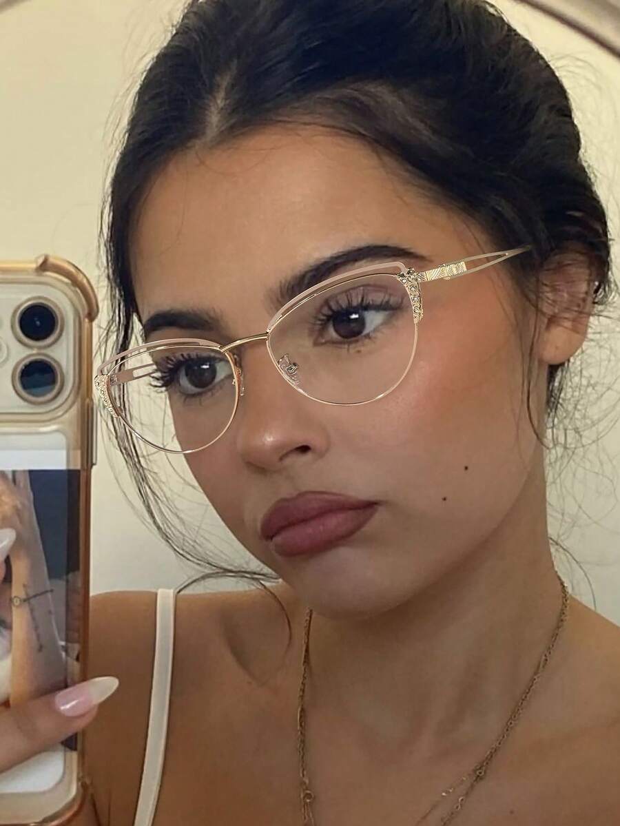 1 pieza Montura de gafas de moda para mujer, marco de metal tono dorado con forma de ojo de gato, estilo elegante y lujoso, para uso diario, trabajo, estudio y actividades al aire libre con estuche de gafas