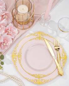 Nervure 700PCS Pink Gold Plastic Plates - Pink Plastic Dinnerware Sets For 100 Guests - 200 Disposable Plates, 300 Silverware, 100 Cups, 100 Napkins For Wedding, Birthday &Amp; Party - Pink - View 8
