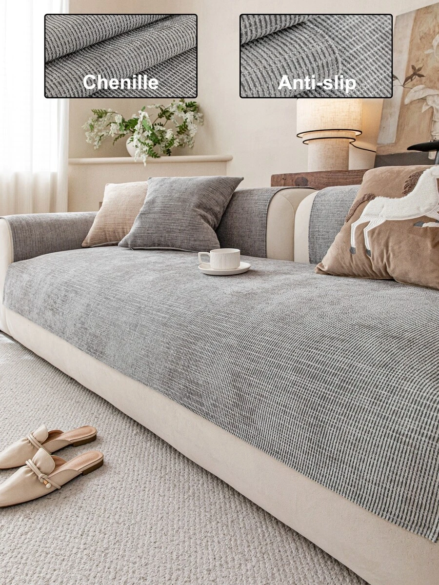 1 pieza Funda de cojín de sofá de chenilla de unicolor, diseño minimalista de flores estrelladas, protector de sofá antideslizante y antirasguños, decoración del hogar para todas las estaciones, se ajusta a sofás de 1/2/3/4 plazas - Gris - Ver 1