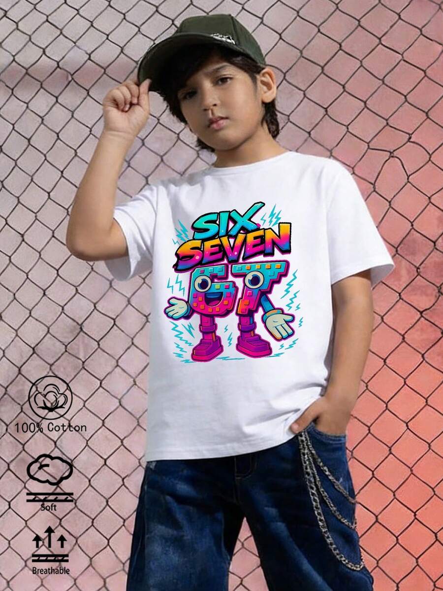 Boys' White T-Shirt, Cartoon Number Graphic Tee, Collegiate Style, Spring/Summer New Arrival, Sports Wear, Soft, Breathable, Kids Short Sleeve Top - White - View 1