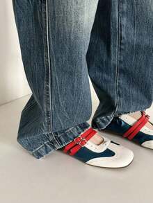 2025春季复古红色百搭魔术贴玛丽珍鞋，女士休闲圆头平底皮鞋，芭蕾平底鞋 - 藍色 - 查看 3