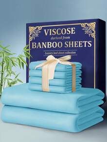 KTABEDDING Extra Deep Pocket Bamboo Fiber Sheets Set - Breathable & Cooling Bed Sheets Hotel Luxury Bed Sheet Set Soft,Wrinkle Free & Comfy Easily Fits Extra Deep Mattresses Pillowcases, Flat Sheet And Fitted Sheet - 淺藍 - 查看 9