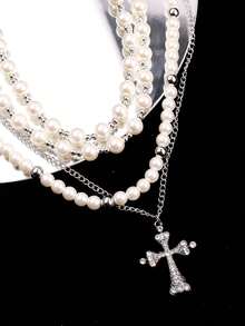 1件 时尚精致优雅百搭夸张独特高端多层珍珠十字吊坠项链，女士日常佩戴及节日派对饰品 - 彩色 - 查看 4