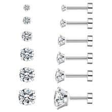 6 Pairs Hypoallergenic Cubic Zirconia Earrings Surgical Steel Flat Back Studs for Cartilage Screw Back Fashion Jewelry - A001plata - Ver 8