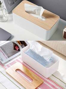 OBOVAY Kotak Tisu dengan Penutup Kayu, Kotak Tisu Kapasitas Besar, Kotak Tisu Plastik Putih Modern Elegan dengan Tutup Flip-Top dan Sudut Membulat, dengan Alas Kotak Tisu Pegas, Cocok untuk Kamar Tidur, Kamar Mandi, Kantor, Ruang Makan, Ruang Tamu, Hari Nasional, Hari Valentine - Hitam dan Putih - View 5