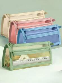 1个网状透明双层大容量文具拉链收纳袋，适合作为学生返校季礼物 - 彩色 - 查看 2