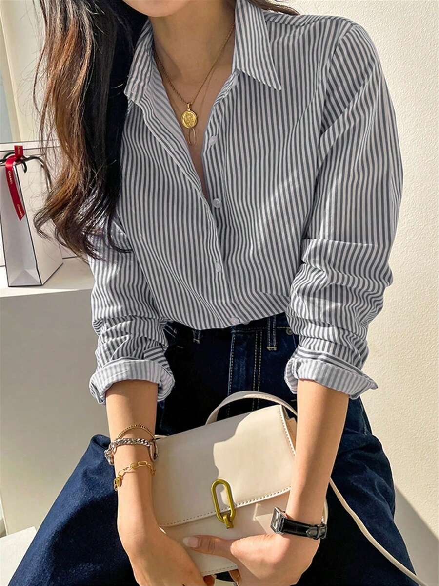 Áo khoác cardigan dài tay kẻ sọc xanh trắng dễ thương, kiểu dáng retro thời trang thường ngày thanh lịch dành cho nữ, thích hợp cho mùa xuân/hè, lễ hội/ngày Valentine. - màu trắng xám - Xem 1