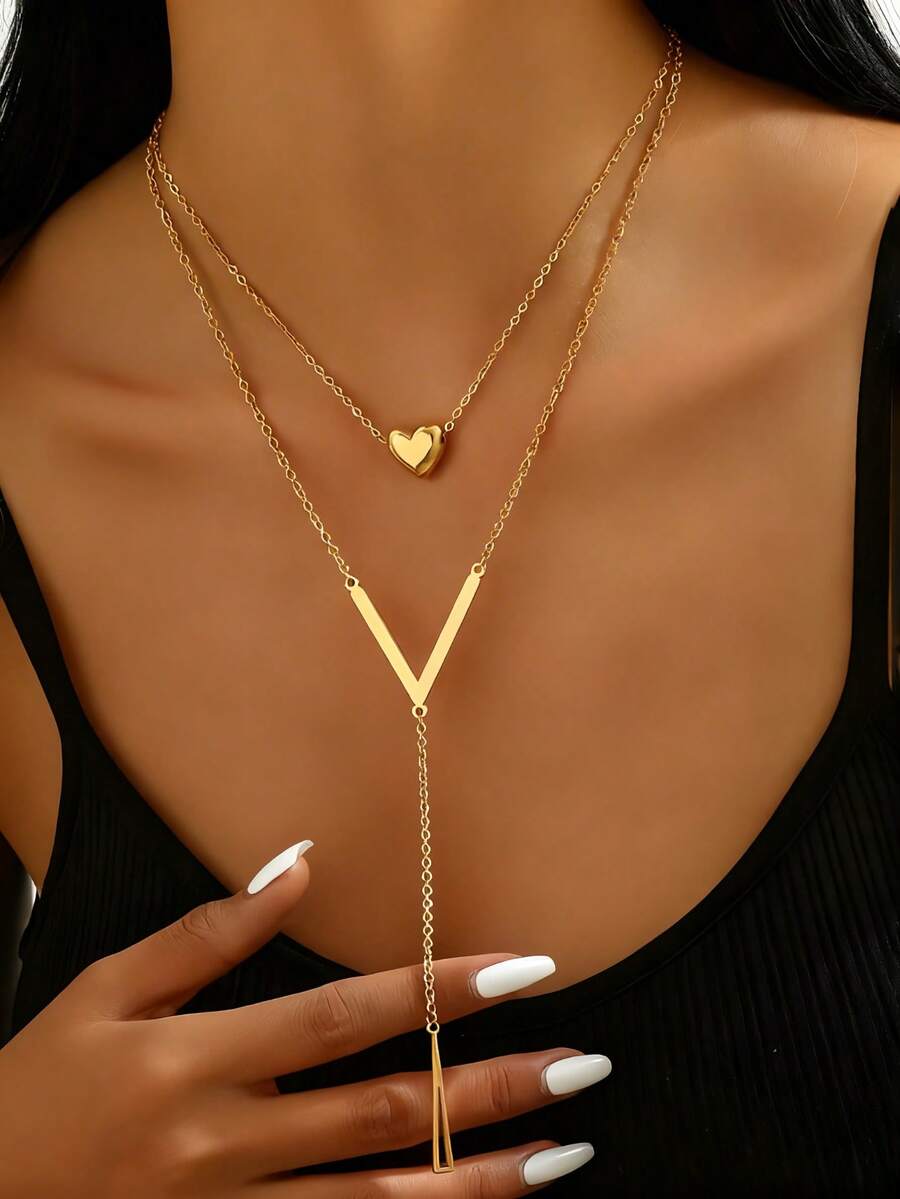 Double Layer Y-Shaped Pendant Necklace For Women - Simple Sexy Style With Heart, Letter V, And Geometric Charms For Daily Wear - Gold - View 1