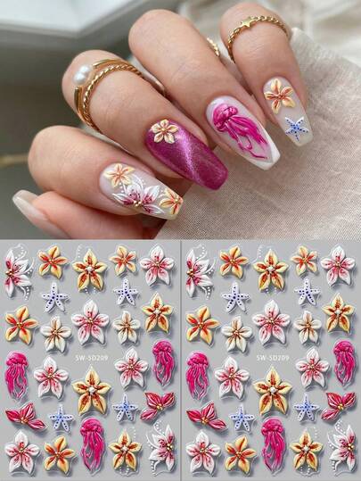 2 sztuki 5D wytłaczanych naklejek na paznokcie z motywem oceanu – różowe i żółte tropikalne kwiaty, meduzy, rozgwiazdy – letnie dekoracje DIY 3D na plażę/wakacje/festiwal muzyczny
