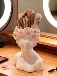 1pc Artistic Side Profile Girl Makeup Brush Holder, High-End Desktop Pencil Cup For Living Room & Bedroom - Multicolor - View 2
