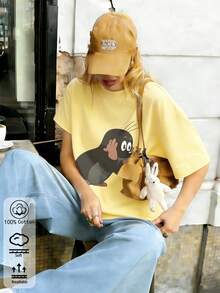Damen Sommer/Herbst T-Shirt aus reiner Baumwolle, Cartoon-Tier-Muster, lässig sportlich, lockerer Schnitt, Große Größen - Gelb - Übersicht 3