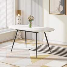 Extendable Dining Table And Chairs Set Of 6, Oval Mable Effect Table With Upholstered Chairs For Dining Room (Black PU, Set Of 6) - White Marble Table + 6 Black PU Chairs - View 5