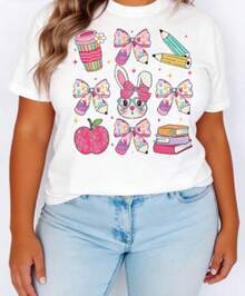 Camiseta de mujer con diseño de conejo y manzana - Blanca, vintage, de corte holgado y manga corta, con estampados de lazo y lápiz, adecuada para Pascua, primavera, verano y otoño, estilo casual para maestras. - Blanco - Ver 1