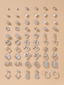 30 Pairs/Set Minimalist Floral, Bow, Geometric Pattern Earrings, Elegant Daily Wear, Party Jewelry Gift Set For Women - Silver - View 8
