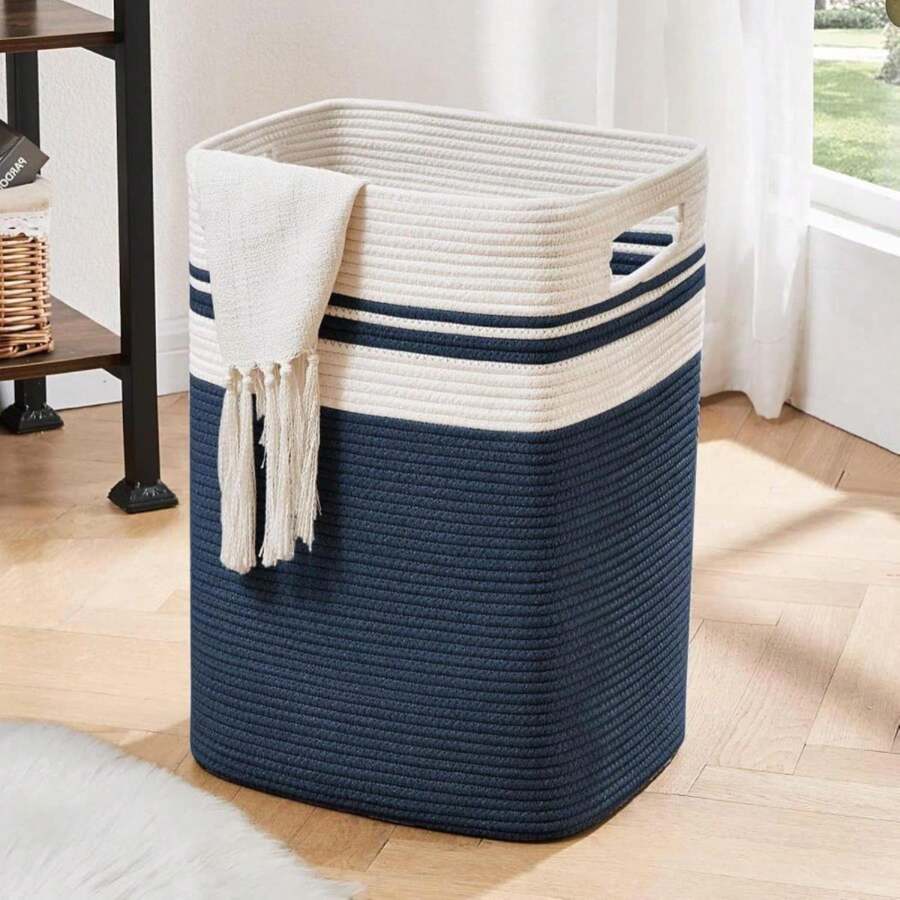OIAHOMY Laundry Hamper-Laundry Basket,Tall Cotton Storage Basket With Handles,Decorative Blanket Baskets For Living Room,Collapsible Large Baskets For Toys,Pillows,Clothes-16x13x22in-Blue - Blue - View 1