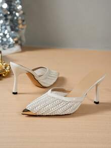 女士尖头高跟鞋，时尚网面魅力性感透气优雅高跟鞋，金属点缀派对鞋 - 米色 - 查看 1