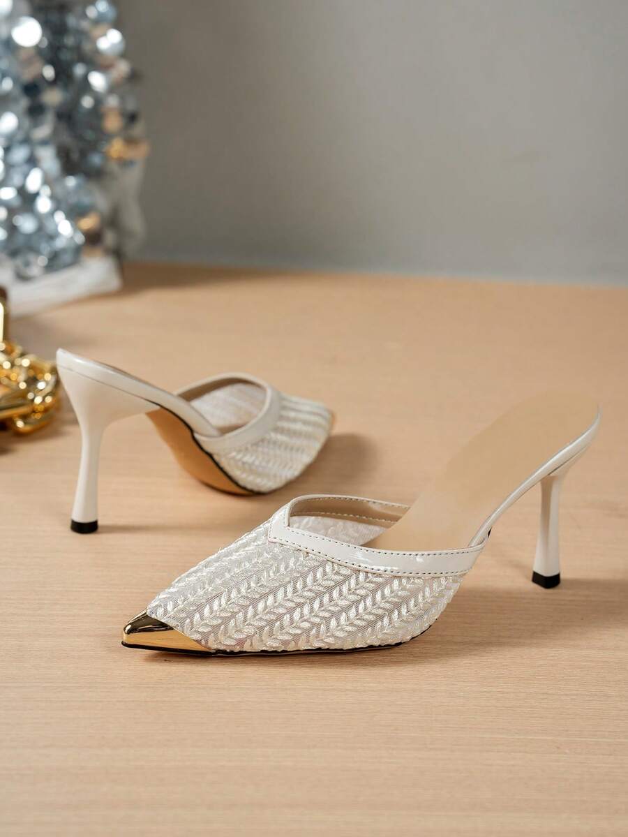 女士尖头高跟鞋，时尚网面魅力性感透气优雅高跟鞋，金属点缀派对鞋 - 米色 - 查看 1