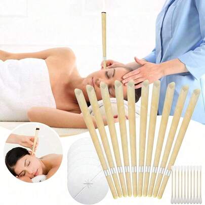 10pcs Ear Wax Removal Kit, Includes Beeswax Ear Candles, Steam Ear Candles, Aromatherapy Ear Candles, 100% Cylindrical Hollow Cone Scented Candles, With Ear Funnel, Ear Plugs And Cleaning Swabs, Ear Care Cleaning Set