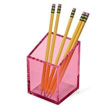 OfficeGoods Acrylic Pen and Pencil Holder - Modern Trapezoid Design - Beautiful Desk Organizer for Home or Office - Contrasting Metal Base - 3" Square w/ 3.5" Front and 4.5" Back - Pink - Rosa - Ver 4