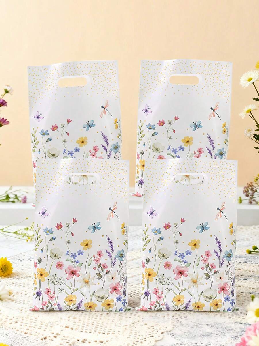 10/25/50个装 16.5*25厘米 水彩野花塑料礼品袋，带提手，防水可重复使用，春季花卉蜻蜓主题礼品袋，适用于儿童生日派对、迎婴派对、花园派对、性别揭晓派对、日托派对