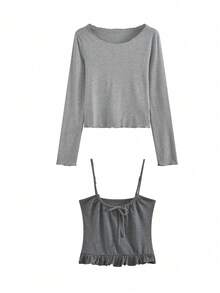 两件套韩式荷叶边波点吊带T恤，修身百搭，春季休闲风 - 灰色 - 查看 4