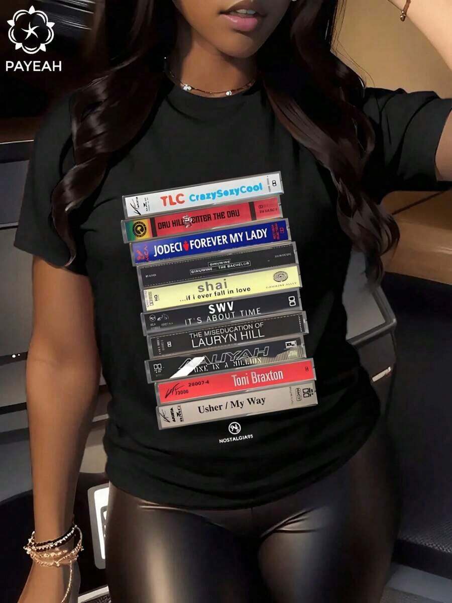 Camiseta de Mujer con Diseño Gráfico de Casete Musical de los 90, 220g, 100% Algodón - Negro - Ver 1