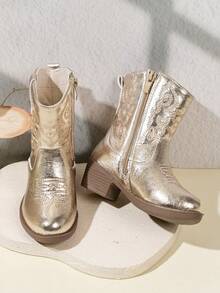 NILOSH 1 Pair Children's Embroidered PU Leather TPR Sole Mid-Calf Boots, Fashionable Spring/Autumn Style - Gold - View 3