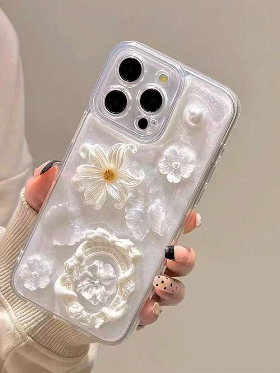 Ốp lưng Apple 17 Pro sang trọng, hình hoa, bướm, ngọc trai 3D, mới. - trắng - Xem 1